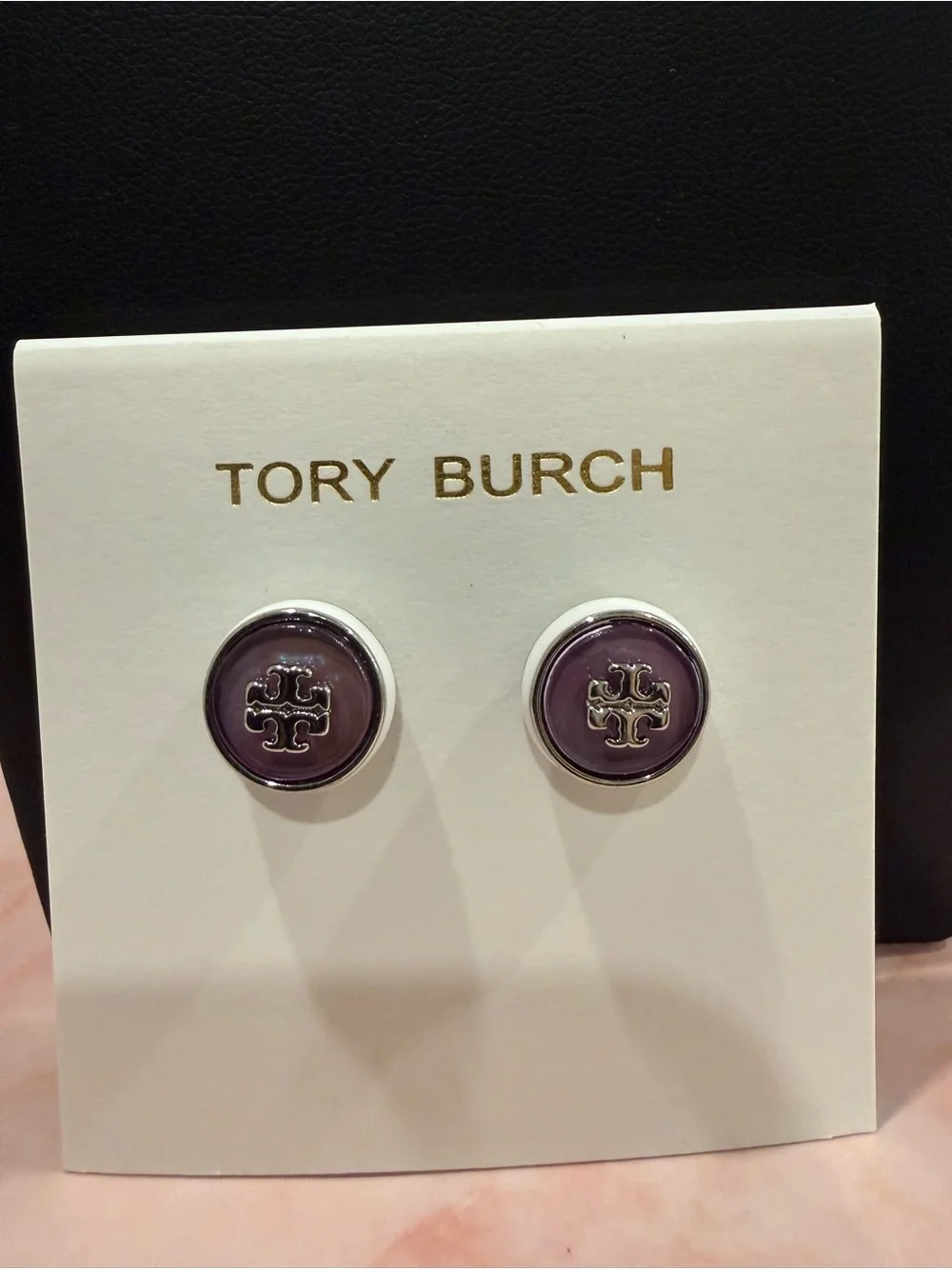 Tory Burch | Silver Tone & Purple Enamel Icon Logo Button Earrings | X-Small